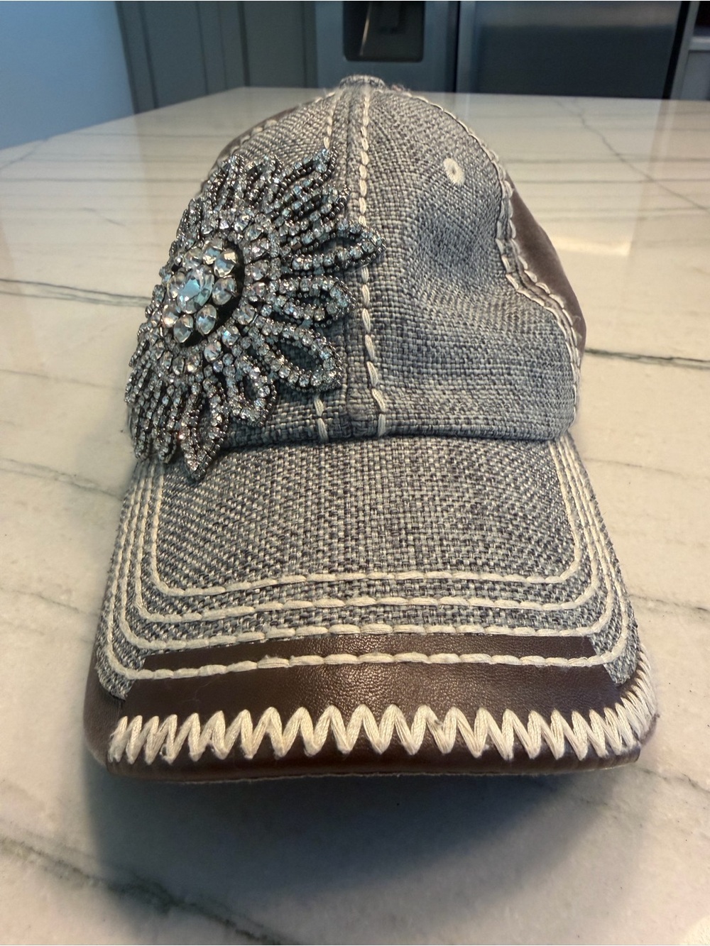 Embellished Gray Baseball Cap with Crystal Flower Accent